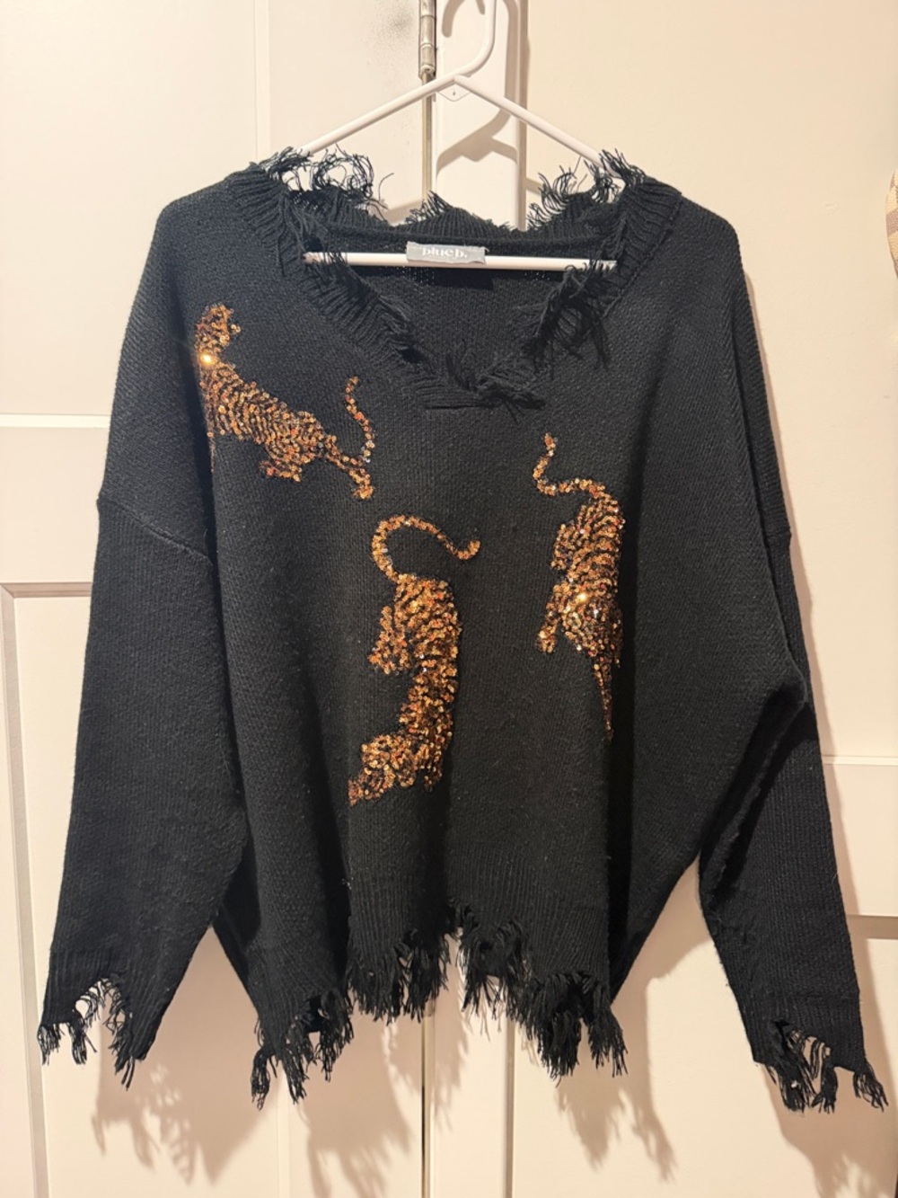 Black Sequin Tiger Crewneck Sweater by Bluebell Collection